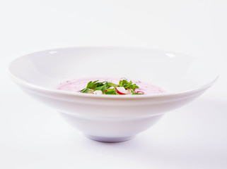 Cold borscht (chlodnik) - traditional Lithuanian cold soup with radish, parsley and dill