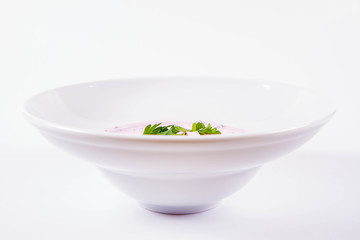 Cold borscht (chlodnik) - traditional Lithuanian cold soup with radish, parsley and dill
