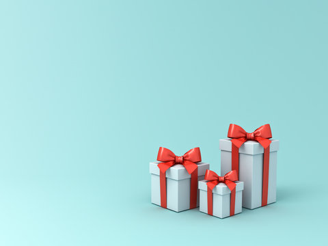 Pile of gift boxes or present box with red ribbon and bow isolated on light blue green pastel color background with blank space 3D rendering