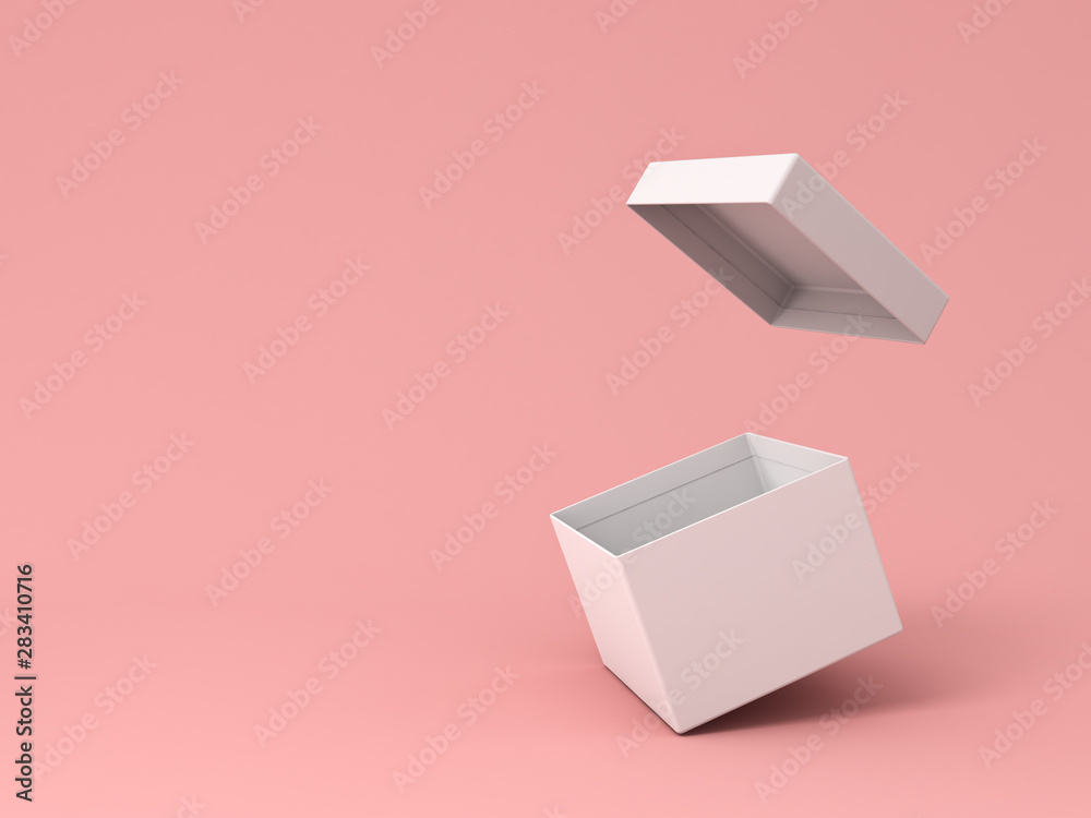 Poster Blank white open cardboard box isolated on pink pastel color background with shadow 3D rendering