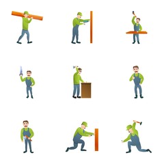Fototapeta na wymiar Wood carpenter icon set. Cartoon set of 9 wood carpenter vector icons for web design isolated on white background