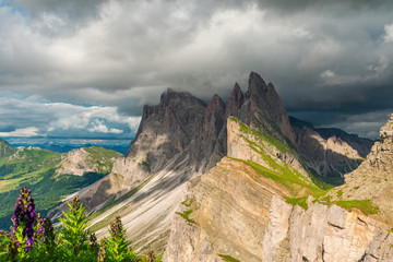 Beautiful view on Seceda peak. Trentino Alto Adige, Dolomites Alps, South Tyrol, Italy, Europe