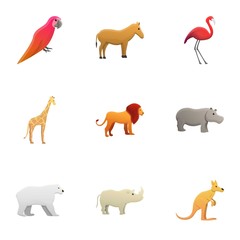 Tropical animals icon set. Cartoon set of 9 tropical animals vector icons for web design isolated on white background