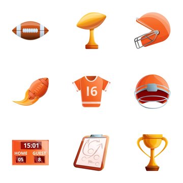 American football object icon set. Cartoon set of 9 american football object vector icons for web design isolated on white background