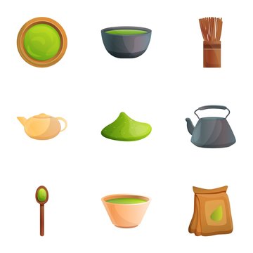 Asian matcha tea icon set. Cartoon set of 9 asian matcha tea vector icons for web design isolated on white background