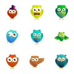 Comic birds icon set. Cartoon set of 9 comic birds vector icons for web design isolated on white background