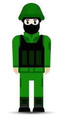 Vector drawing. Soldier man in military camouflage uniform in flat style isolated on white background