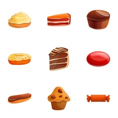 Candy bakery icon set. Cartoon set of 9 candy bakery vector icons for web design isolated on white background