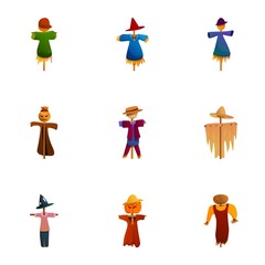 Happy scarecrow icon set. Cartoon set of 9 happy scarecrow vector icons for web design isolated on white background