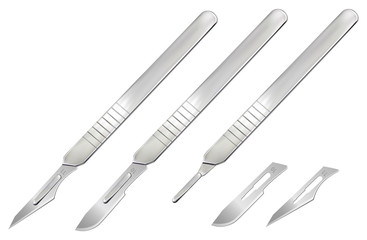 Scalpels with blades, a handle without a blade and removable blades. Manual surgical instrument. Realistic objects on a white background. Vector