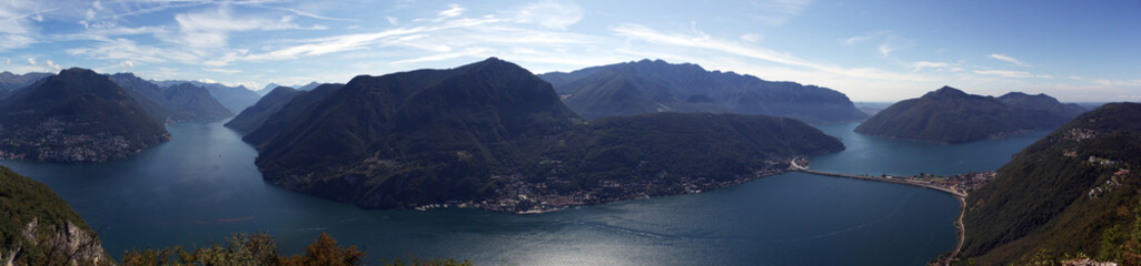 Panorama view of Lugano Lake from Monte San Salvatore. Lugano, Ticino canton, Switzerland