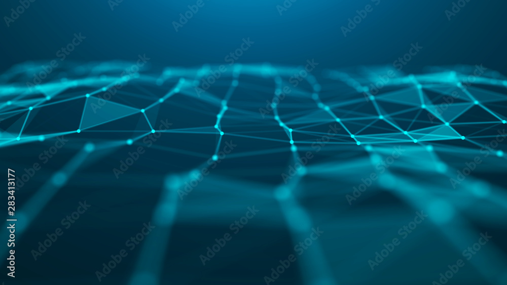 Poster wave of particles. abstract blue technology background. science background. big data. background . p