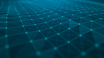 Wave of particles. Abstract blue technology background. Science background. Big data. Background . Plexus effect. Network connection structure. 3d rendering.