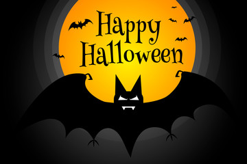 Black vampire bat on background of orange moon in night with inscription Happy Halloween. Halloween poster