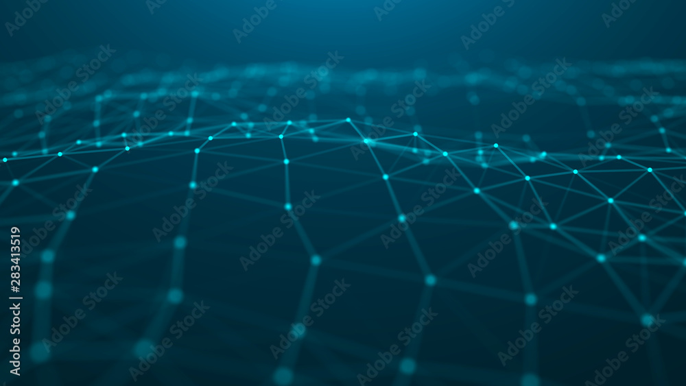 Poster wave of particles. abstract blue technology background. science background. big data. background . p