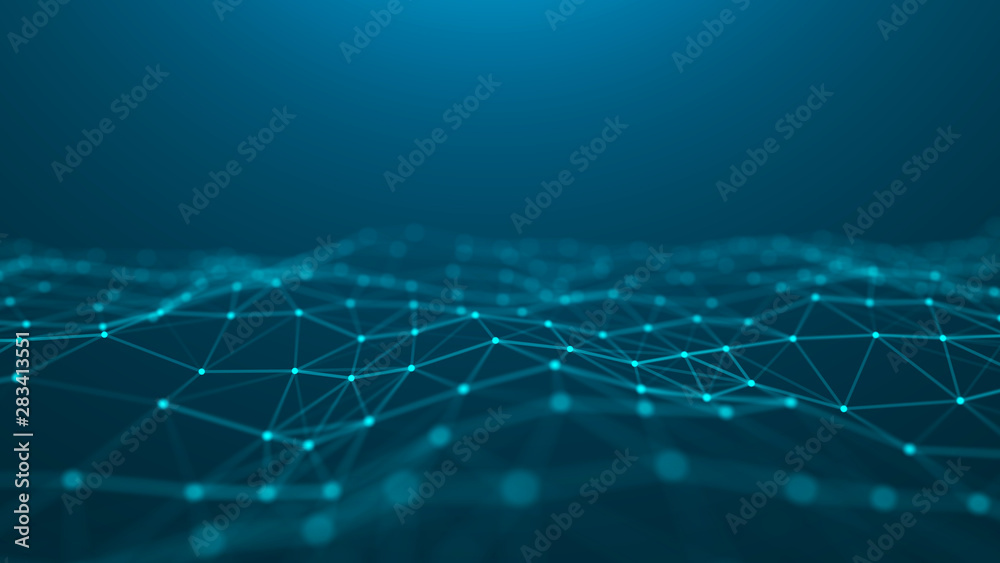 Poster wave of particles. abstract blue technology background. science background. big data. background . p