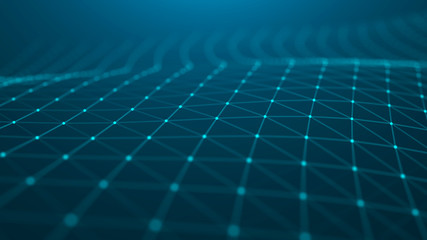 Wave of particles. Abstract blue technology background. Science background. Big data. Background . Plexus effect. Network connection structure. 3d rendering.