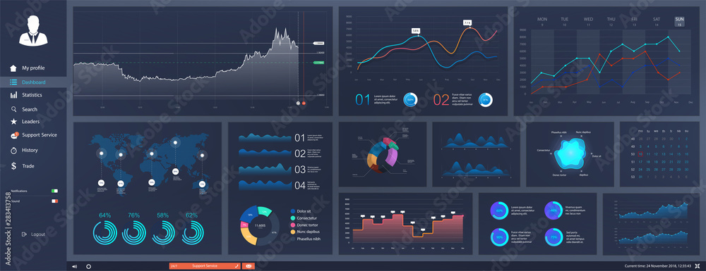 Poster Great dashboard UI,UX,KIT  Infographic template. Modern web app UI with graphs round bars and charts, clean and simple app interface. GUI elements. Vector admin panel with creative workflow design