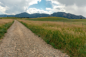 Empty dirt road going through a field with mountains in background