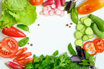 Chopped vegetables for salad. Frame. Top view