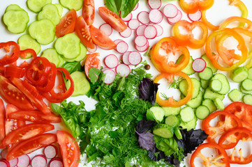 Chopped vegetables for salad. Top view