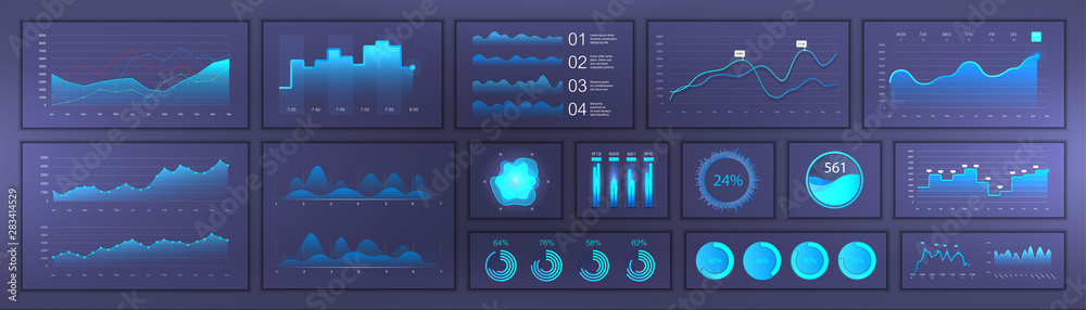 Fototapete Bright modern infographic with data and charts, statistics graphs and finance analysis in futuristic style. Web elements UI UX design, modern style. Business infographic template set. Vector