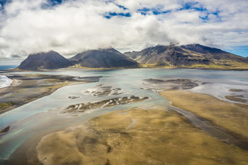 Aerial view South-Eastern Iceland. Overwhelming view of Icelandic river landscape of amazing Northern nature.