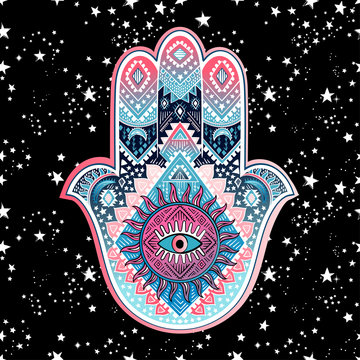 Hamsa print design. Aztec towel, yoga mat. Vector lace Henna tattoo style. Can be used for textile