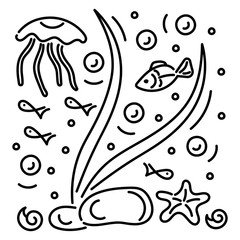 Doodle hand drawing. Vector Background. Underwater world, Sea, ocean . Black and white