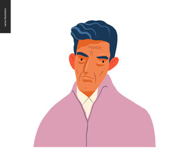 Real people portrait - hand drawn flat style vector design concept illustration of a young brunette man, face and shoulders avatar. Flat style vector icon