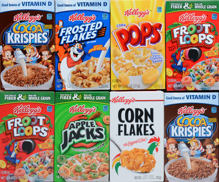IRVINE, CALIFORNIA - MARCH 15, 2015: Kellogg's cereal boxes. A variety of Kellogg's single serving boxes. The Battle Creek, Michigan company is a leader in breakfast foods.