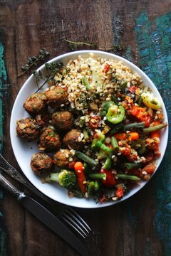 Vege balls with pearl barley and veggies
