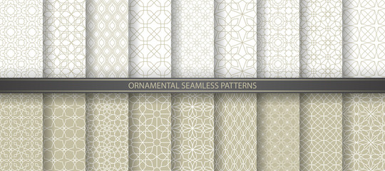 Big collection of light geometrical patterns. White, beige grille texture in Arabic, Oriental style. Set of seamless vector backgrounds.