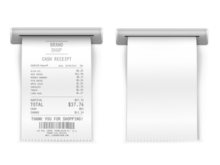 Sales printed receipt, shopping paper bill atm vector mockup