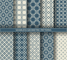 Set of seamless geometric patterns. Blue and beige line backgrounds collection. Endless repeating linear texture for wallpaper, packaging, banners, invitations, business cards, fabric print