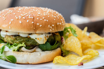 Hamburger vegetarian burger with green vegetables salad and cheese tofu cheese all vegan food with chips potato in blurred background