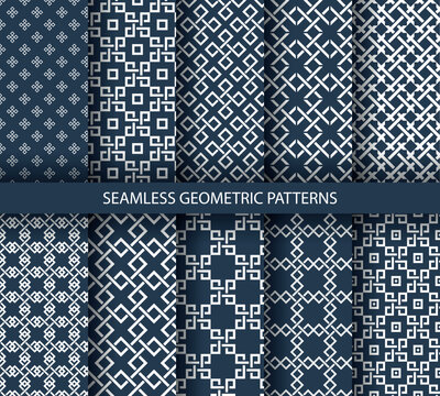 Set of seamless geometric patterns. Blue and white line backgrounds collection. Endless repeating linear texture for wallpaper, packaging, banners, invitations, business cards, fabric print
