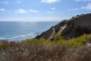 Newport Beach view of the ocean from a mountain trail in South California in a summer beautiful blue day