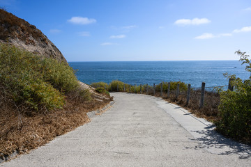 Fototapeta na wymiar sand path to the beach with vegetation on the side in South California Newport Beach in a summer beautiful blue day