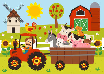  farmer and farm animals riding a tractor with a trailer - vector illustration, eps    