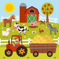 farmer rides a tractor and farm animals stand in the barnyard - vector illustration, eps    