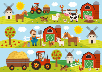  set of isolated horizontal banners with farmer and pets - vector illustration, eps     © nataka