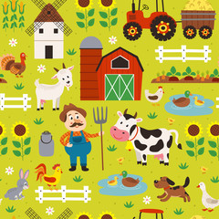 seamless pattern with farmer riding a tractor and farm animals  - vector illustration, eps     © nataka