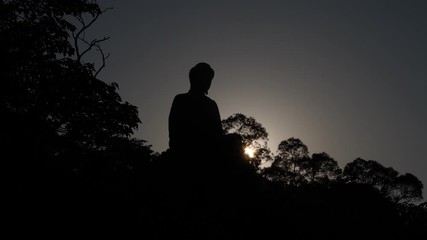 Silhouetted low angle shot of Tian Tan Buddha at Lantau Island, Hong Kong. Large bronze statue shadow against dark sky at evening time. Black foliage of trees surround famous religious site