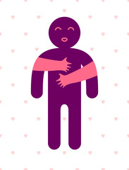 Beloved man with care hands of a lover woman hugging and caresses his chest, vector icon logo or illustration in simplistic symbolic style.