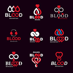 Vector blood donation conceptual illustrations collection. Healthcare and medical treatment concepts for use in pharmaceutical business.