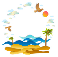 Fototapeta na wymiar Beautiful seascape with sea waves, beach and palms, birds clouds and sun in the sky, frame background with copy space, vector illustration in paper cut style, seashore summer beach holidays theme.