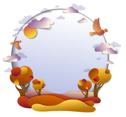 Scenic autumn landscape of meadows and trees, background with copy space, cloudy sky with birds and sun, vector illustration in paper cut kids style. Autumn in countryside, travel and tourism.