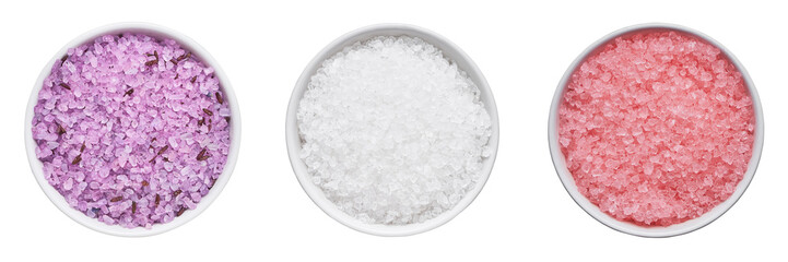 SPA concept. Set of bath salt in bowl isolated over white background with clipping path. Top view