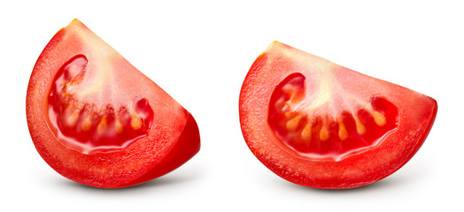 Tomato piece isolate. Сut tomato on white. Tomato slice. With clipping path.